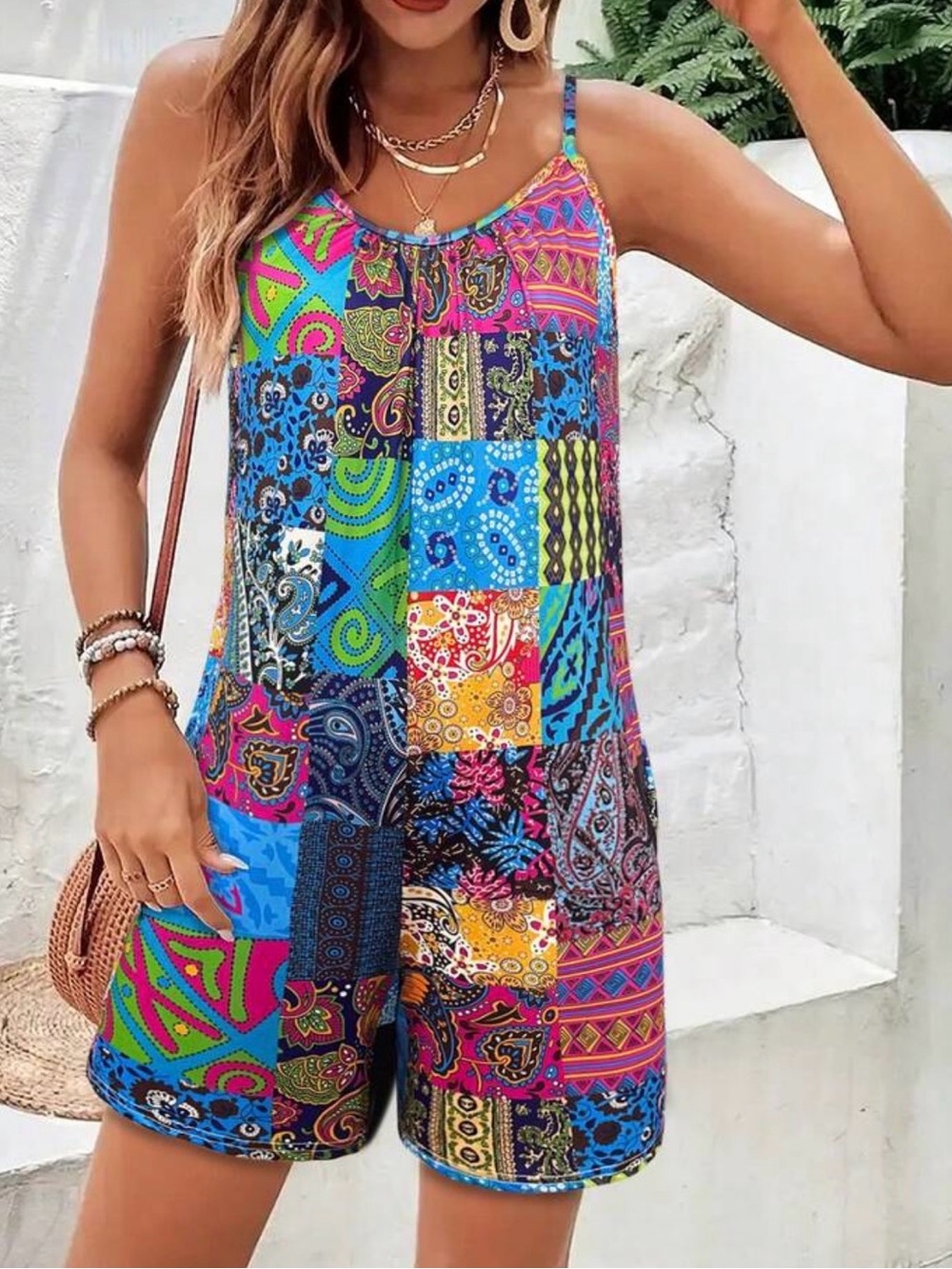 Boho Patchwork Spaghetti-Strap Romper - Multicolor